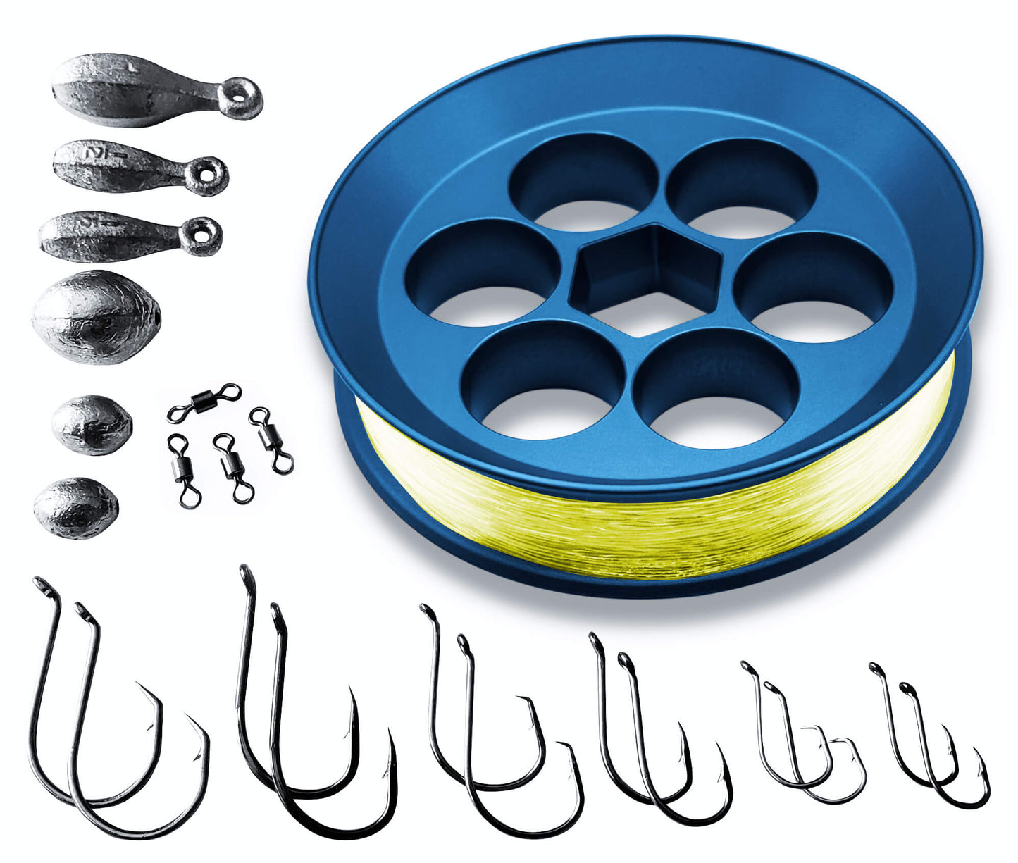 Blue YOYITO aluminum handline fishing kit with yellow fishing line and tackle