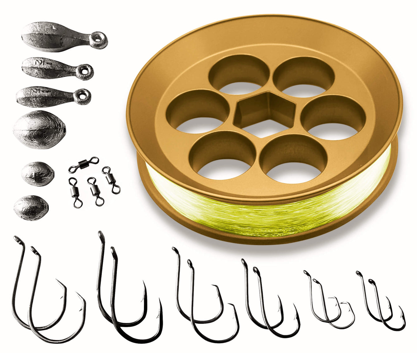Gold YOYITO aluminum handline fishing kit with yellow fishing line and tackle
