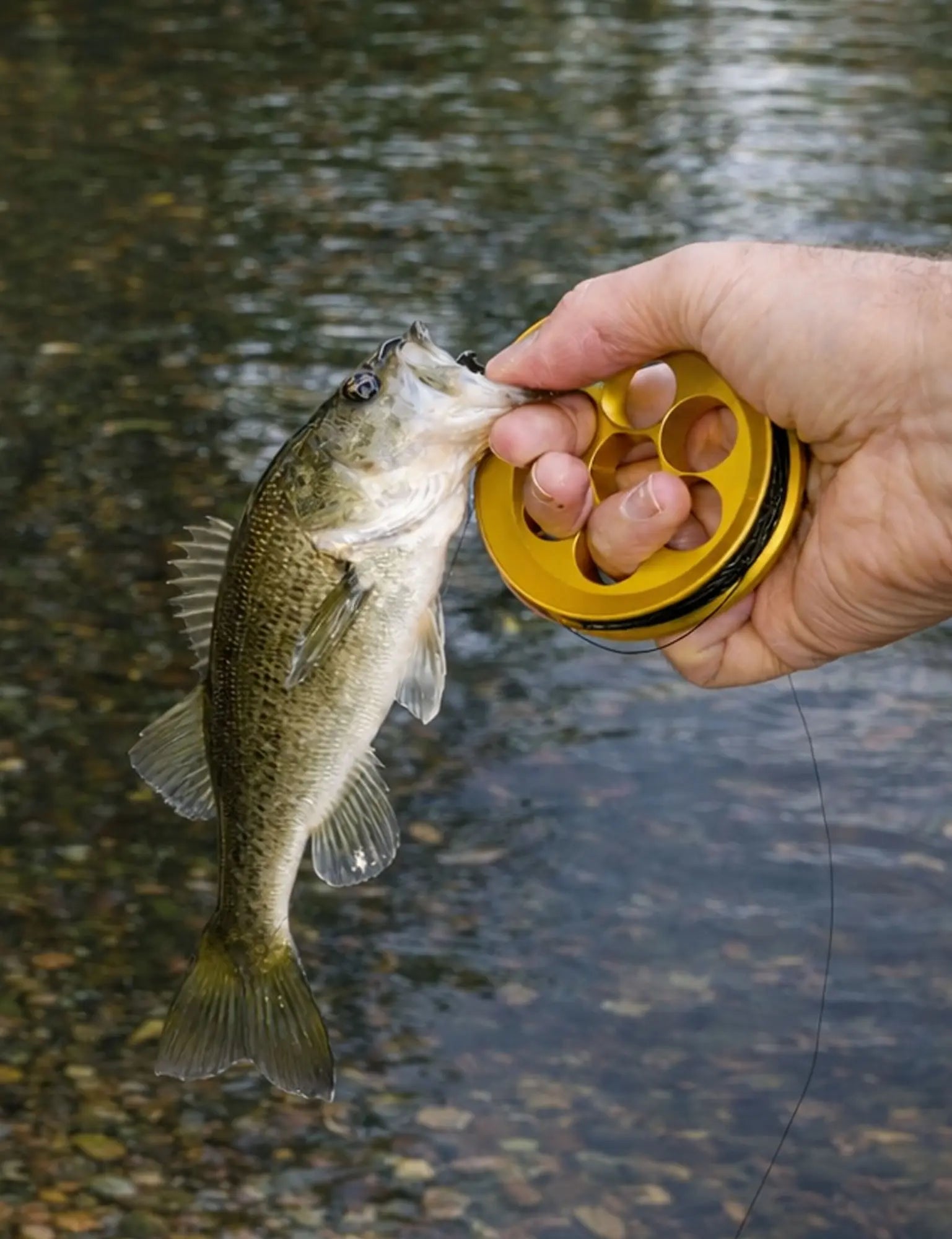 Bass caught using a gold YOYITO handline fishing reel