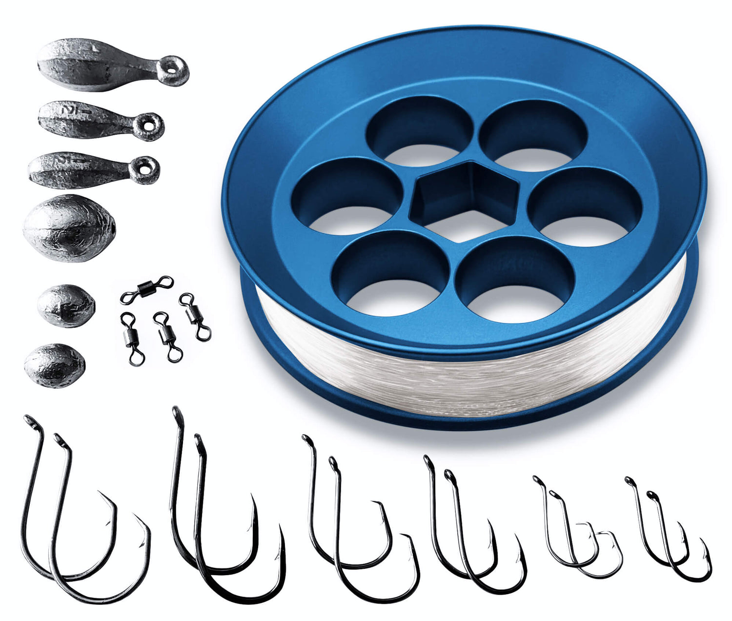 Blue YOYITO aluminum handline fishing kit with clear fishing line and tackle